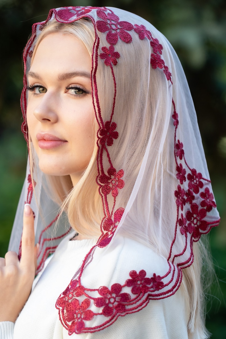 Floral burgundy chapel veil, Church mantilla, Catholic head covering veil image 1