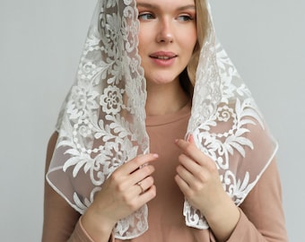 Ivory Mantilla Veil, Floral Embroidery, Spanish Style, Chapel Veil, Soft Lace, Church Veil, Catholic Head Covering