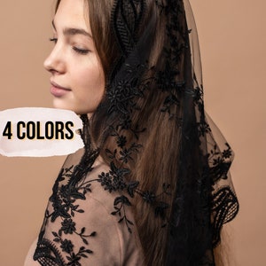 Black Traditional Catholic d shape Mantilla veil, black Lace scarf, black church veil 003