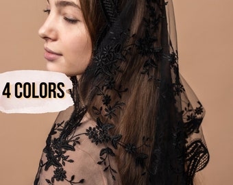 Black Traditional Catholic d shape Mantilla veil, black Lace scarf, black church veil 003