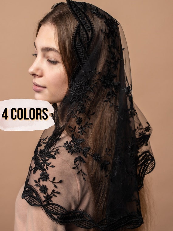 Black Traditional Catholic D Shape Mantilla Veil, Black Lace Scarf