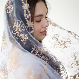 Long Gold Chapel veil, latin mass veil, veil for church, catholic mass veil, cathedral veil lace image 9