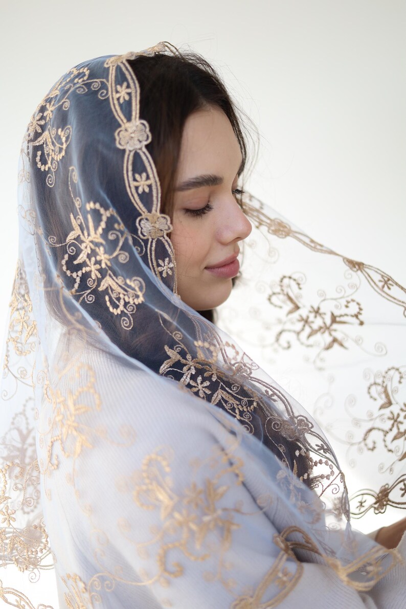 Long Gold Chapel veil, latin mass veil, veil for church, catholic mass veil, cathedral veil lace image 9