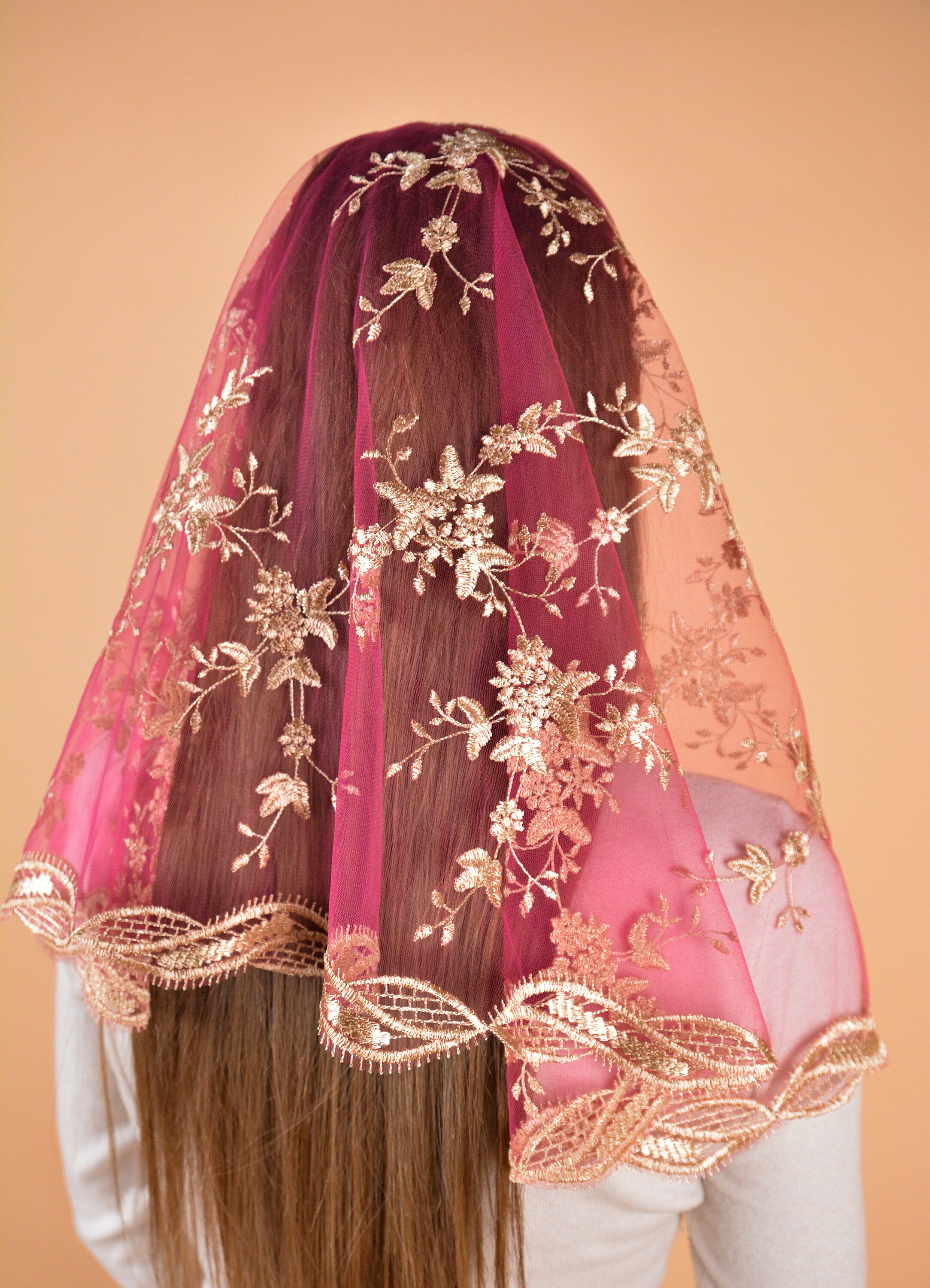 Traditional Catholic Veil, Pink Church Veil, Gold Short Lace Veil - Etsy