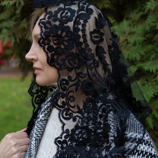 Black Traditional Catholic d shape Mantilla veil, black Lace scarf, black church veil