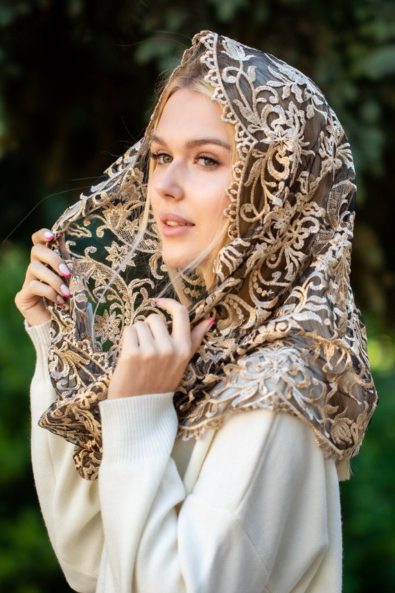 NEW Infinity gold chapel veil, Catholic lace mantilla, Catholic