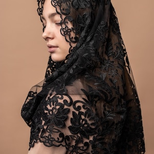 Black lace mantilla, church veil cap, lace head covering veil, Trinity Veil , Catholic Veil ,Church Veil ,Mass Veil image 4