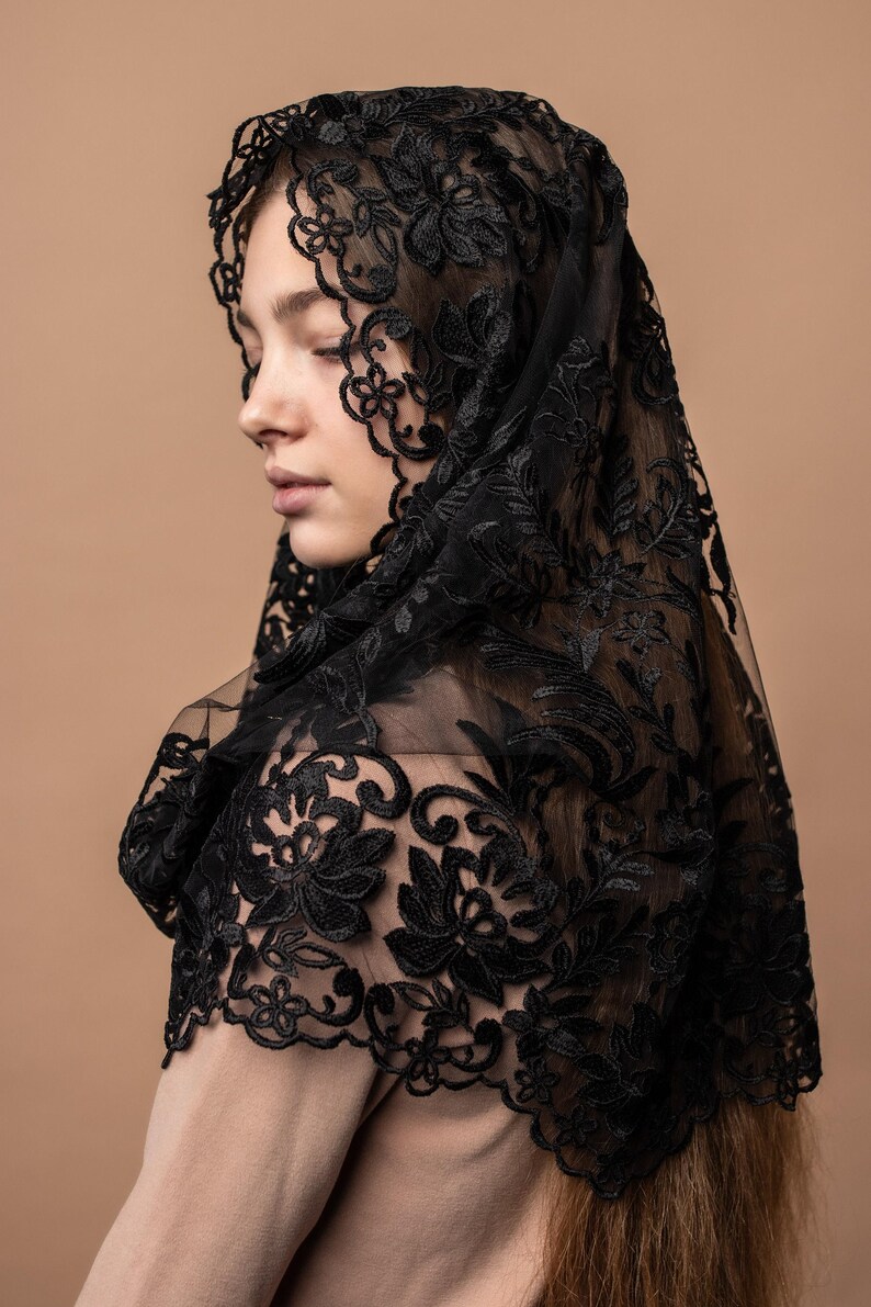 Black lace mantilla, church veil cap, lace head covering veil, Trinity Veil , Catholic Veil ,Church Veil ,Mass Veil image 4