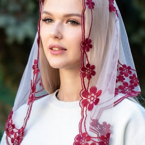 Floral burgundy chapel veil, Church mantilla, Catholic head covering veil image 9