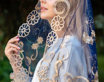 Blue Catholic head covering veil, Catholic gold lace mantilla, Veil for church