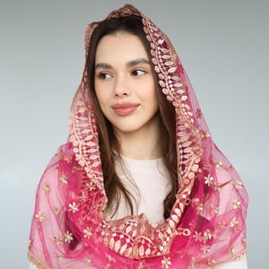 Faith Head Coverings Holy, Pink Infinity Chapel Veil, Mass veil, Infinity veil Mantilla