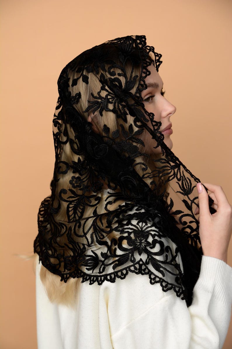 Black lace mantilla, church veil cap, lace head covering veil, Trinity Veil , Catholic Veil ,Church Veil ,Mass Veil image 9