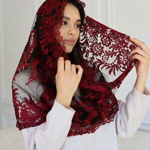 Burgundy Lace Chapel Veil, Catholic Mass Mantilla, Spanish Style Head Covering, Church Veil, Elegant Lace Headscarf image 8