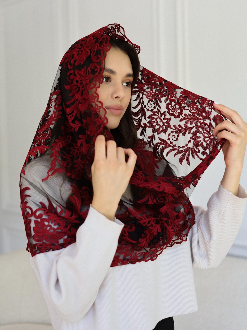 Burgundy Lace Chapel Veil, Catholic Mass Mantilla, Spanish Style Head Covering, Church Veil, Elegant Lace Headscarf image 8