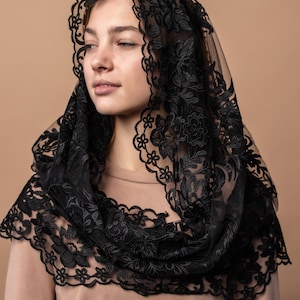 Black lace mantilla, church veil cap, lace head covering veil, Trinity Veil , Catholic Veil ,Church Veil ,Mass Veil image 1