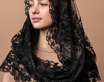 Black lace mantilla, church veil cap, lace head covering veil, Trinity Veil , Catholic Veil ,Church Veil ,Mass Veil