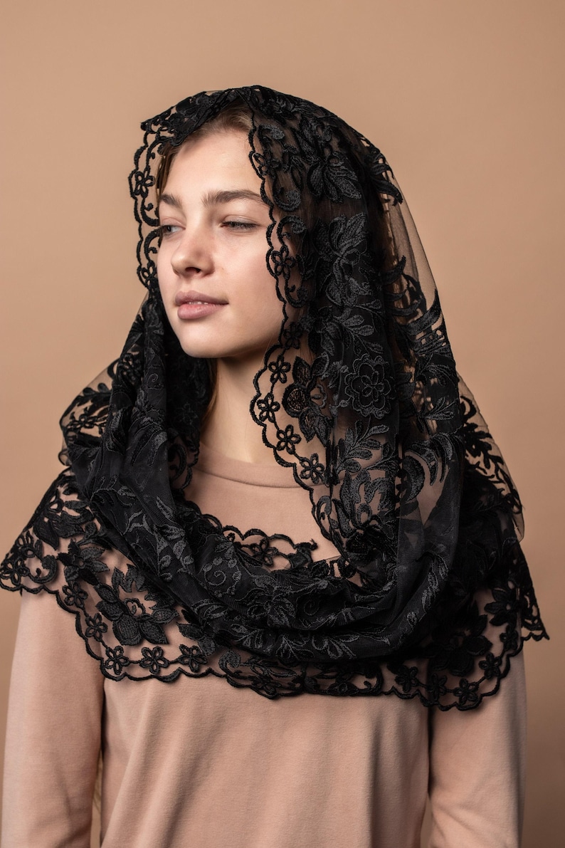 Black lace mantilla, church veil cap, lace head covering veil, Trinity Veil , Catholic Veil ,Church Veil ,Mass Veil image 1