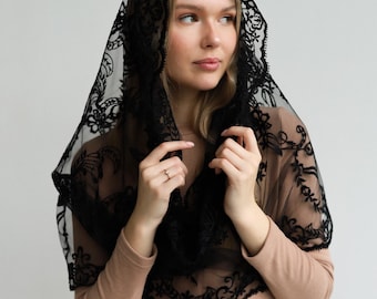 Black Lace Mantilla Veil, Catholic Chapel Veil, Embroidered Head Covering for Mass