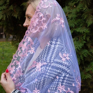 Long Our Lady of Guadalupe veil, long pink chapel mantilla, Classic Catholic veil with floral lace