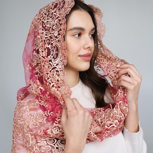Pink Infinity veil, Gold Infinity Catholic Veil, Latin Mass Mantilla