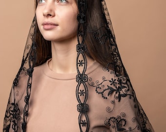 Black chapel veil, Lace Chapel Veil Mantilla,D shape Veil Latin Mass, black church veil, lace veil headcovering 006