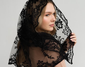 Black Embroidered Mantilla Veil, Elegant Lace Chapel Veil, Catholic Prayer Head Covering, Modest Church Scarf
