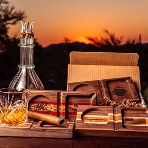 Whiskey and Cigar Accessory - Pairing Tray© - Ashtray and Drink Holder Combo that can be a personalized birthday, retirement, groomsman gift