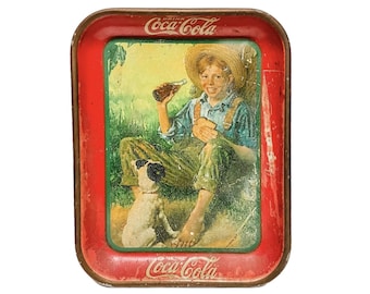 Vintage 1931 Original Coca Cola Norman Rockwell Boy & Dog Advertising Tin Tray