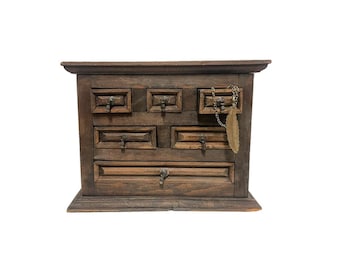 Vintage Spanish Revival Jewelry Trinket Chest Wooden Drawer Cabinet 1950s