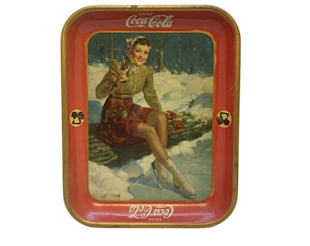 Vintage 1941 Coca Cola Advertising Serving Tin Tray Girl Ice Skating