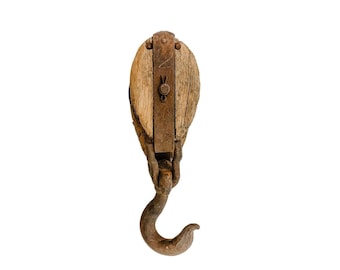 Vintage Large Wood & Cast Iron Block and Tackle Single Pulley with Hook 10lbs