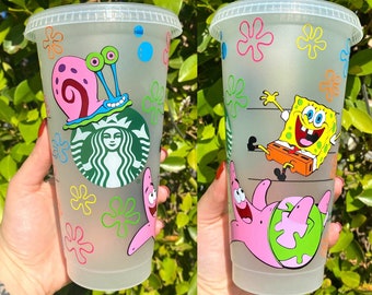 Personalized Spongebob Starbucks Cup jelly fish, seaweed, flowers