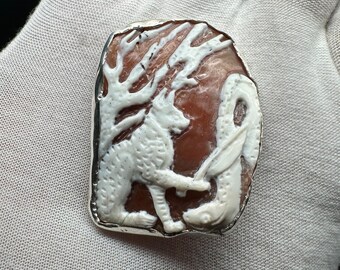 Ra as a Cat Smiting Apep Cameo - King Helmet Shell Carving Sterling Silver Brooche - Ancient Egyptian Jewelry