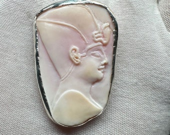 Pink Shell Hand-Carved Brooche of a Pharaoh in Sterling Silver Frame - Ancient Egyptian Jewelry