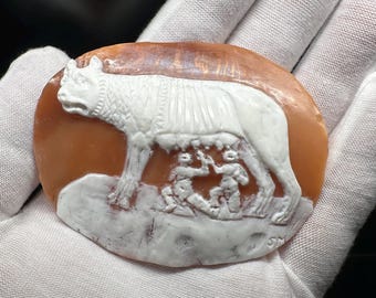 La Lupa Capitolina Cameo - King Helmet Shell Carving - Ancient Roman Jewelry Art