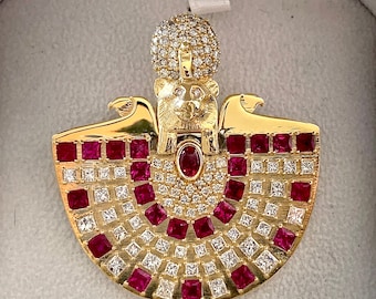 Sekhmet Brooch 18K Gold with Diamonds and Rubies - Ancient Egyptian Revival Piece