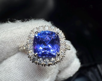 Tanzanite 3.16ct Natural Cushion Cut Halo 18K White Gold Ring with 53 Natural Round Diamonds VS-1, DEF - 1.10 Total Carat Weight