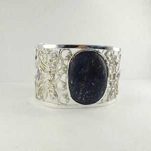 Filigree Sterling Silver Lapis Bangle Bracelet - Ancient Egyptian Revival