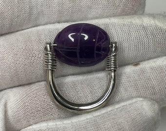 Heart Scarab Amethyst Swivel Ring - Sterling Silver - with Maat Hieroglyphs
