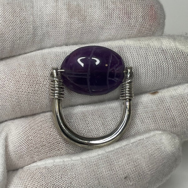 Heart Scarab Amethyst Swivel Ring - Sterling Silver - with Maat Hieroglyphs