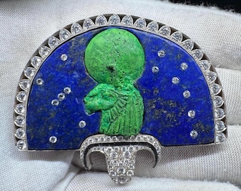Sekhmet Sterling Silver Brooch - Lapis Lazuli and Cubic Zirconia - Ancient Egyptian Revival Replica