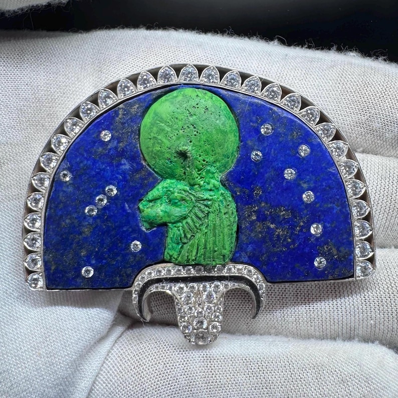 Sekhmet Sterling Silver Brooch - Lapis Lazuli and Cubic Zirconia - Ancient Egyptian Revival Replica image 1