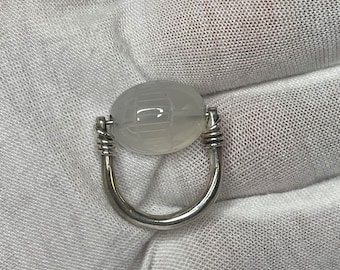 Heart Scarab White Chalcedony Swivel Ring - Sterling Silver - with Maat Hieroglyphs