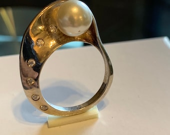 Mobius Ring - Sterling Silver with Synthetic Pearl and Cubic Zirconia