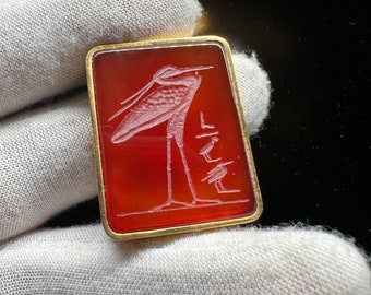 Bennu Bird 𓃀𓈖𓅱𓅣 Intaglio carved in Natural Carnelian Stone in Gold Plated Sterling Silver Brooch Pin