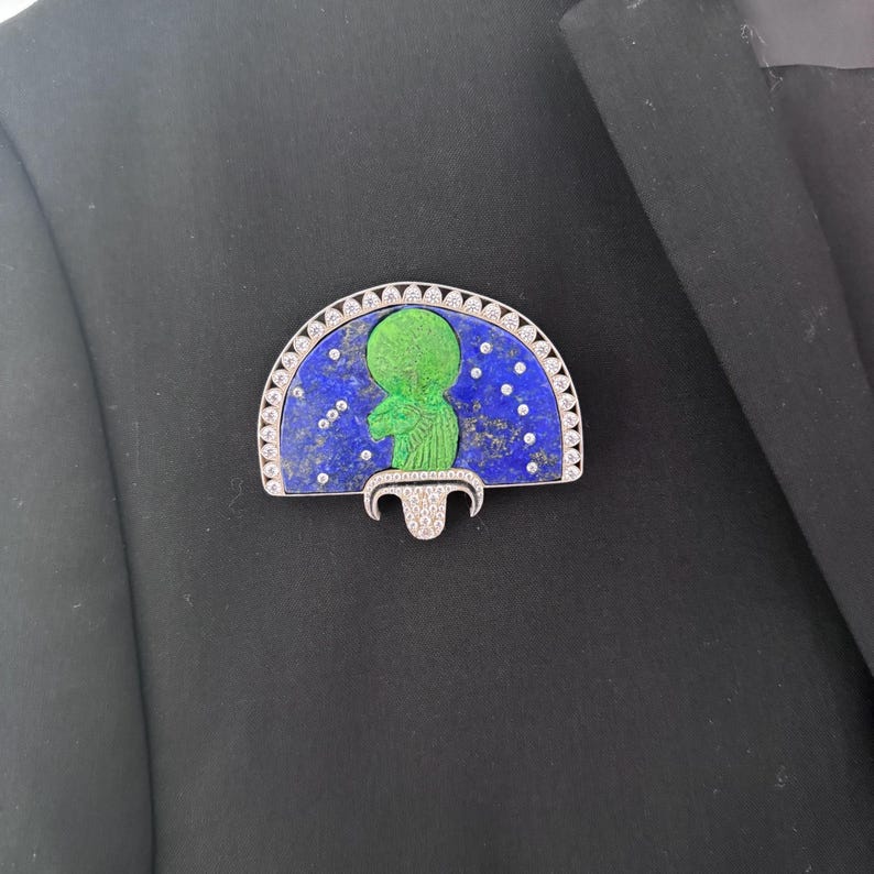 Sekhmet Sterling Silver Brooch - Lapis Lazuli and Cubic Zirconia - Ancient Egyptian Revival Replica image 10