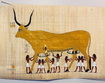 The Divine Celestial Cow supporte by the God Shu and the Eight Heh Deities - Papyrus Paper Ancient Egyptian Art