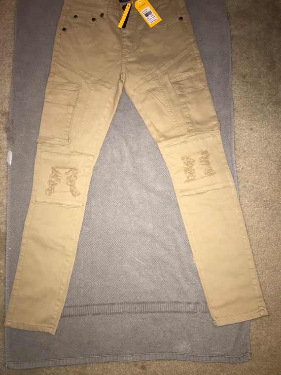 Size 30X30 Khaki Designer Ripped Cargo 
