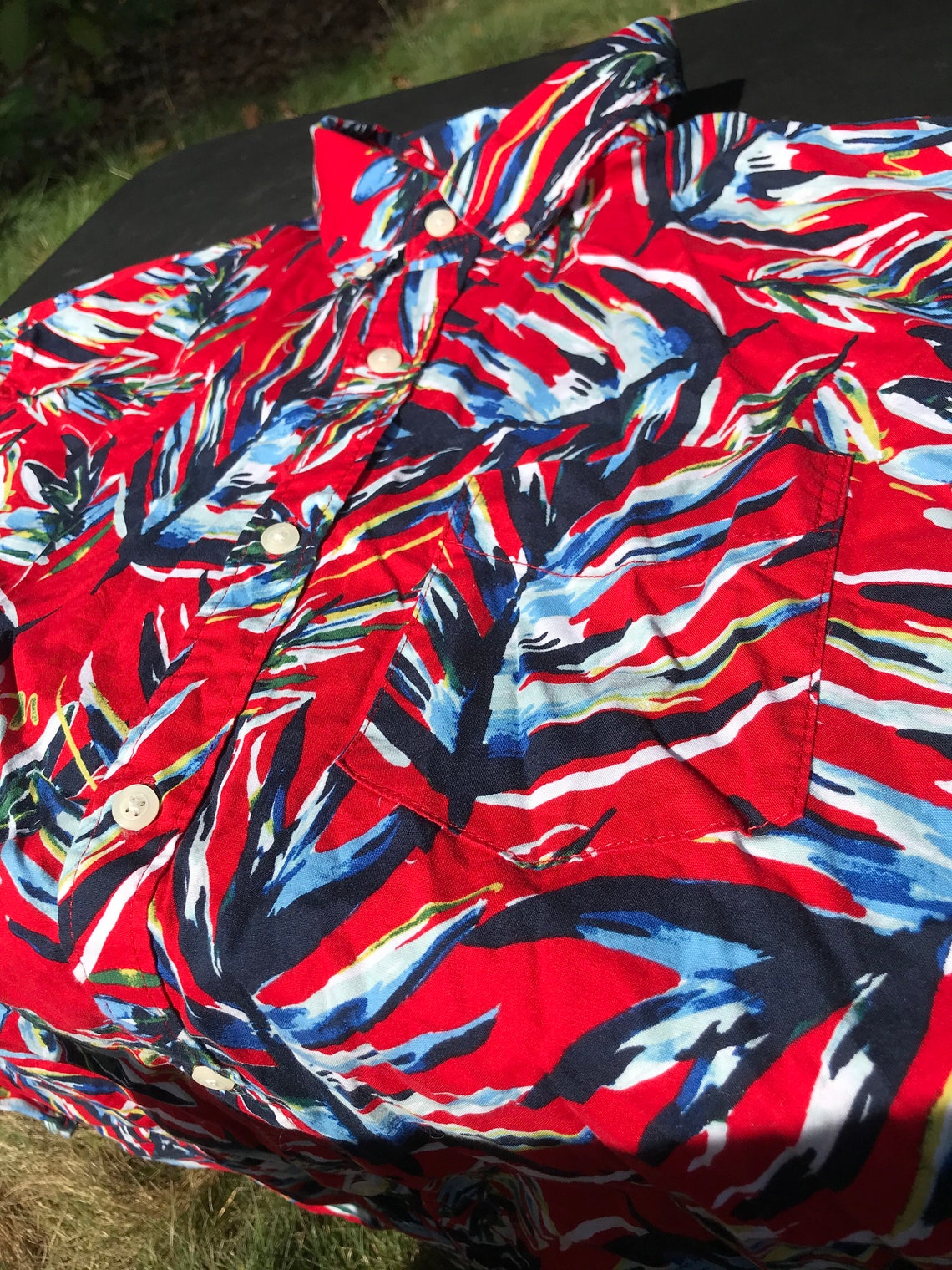 blue and red hawaiian shirt