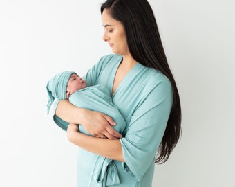 Light Cyan Maternity Robe l Matching Swaddle Set